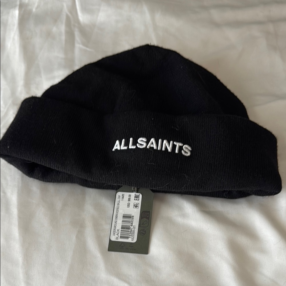AllSaints Black Beanie underground embroidered skull cap